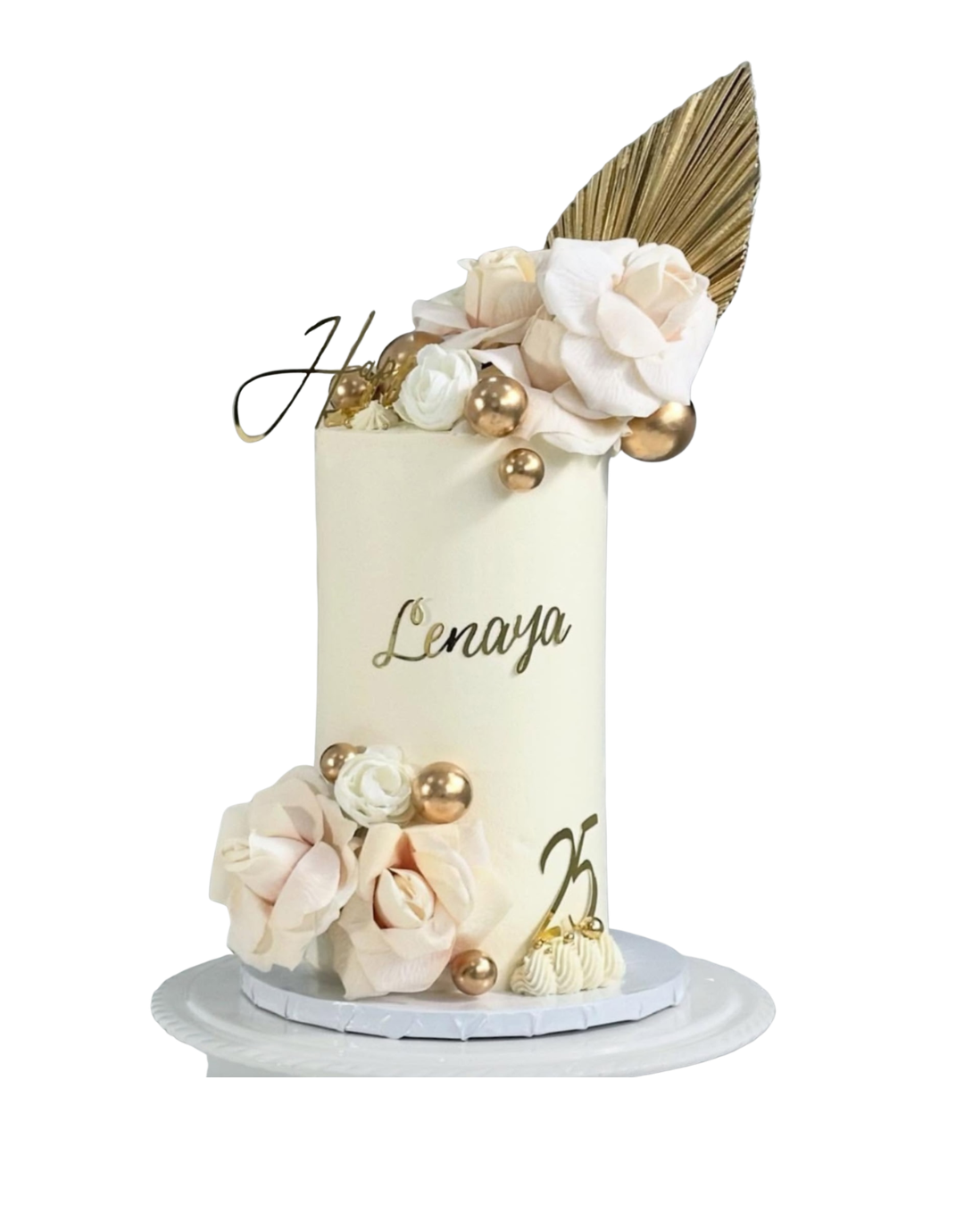 Elegant white cake with gold palm leaf, roses and gold spheres