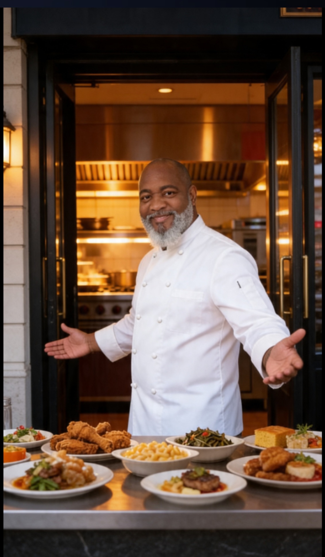 Uncle Willie welcoming guests in front of the kitchen with a spread of Southern soul food plates