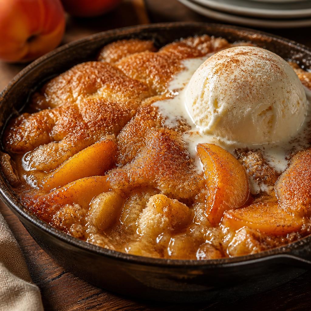 Warm peach cobbler with vanilla ice cream