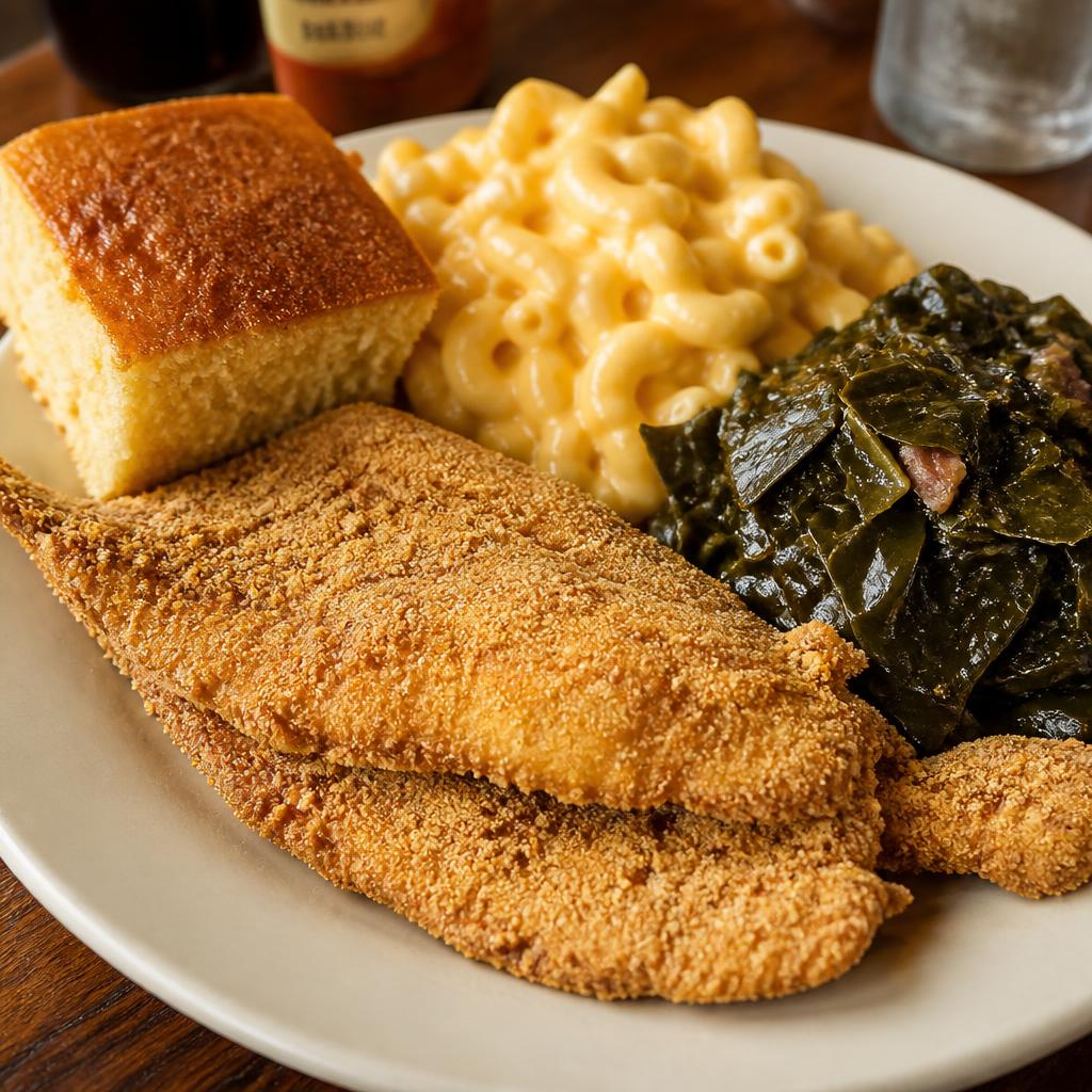 Fried catfish dinner with mac and greens