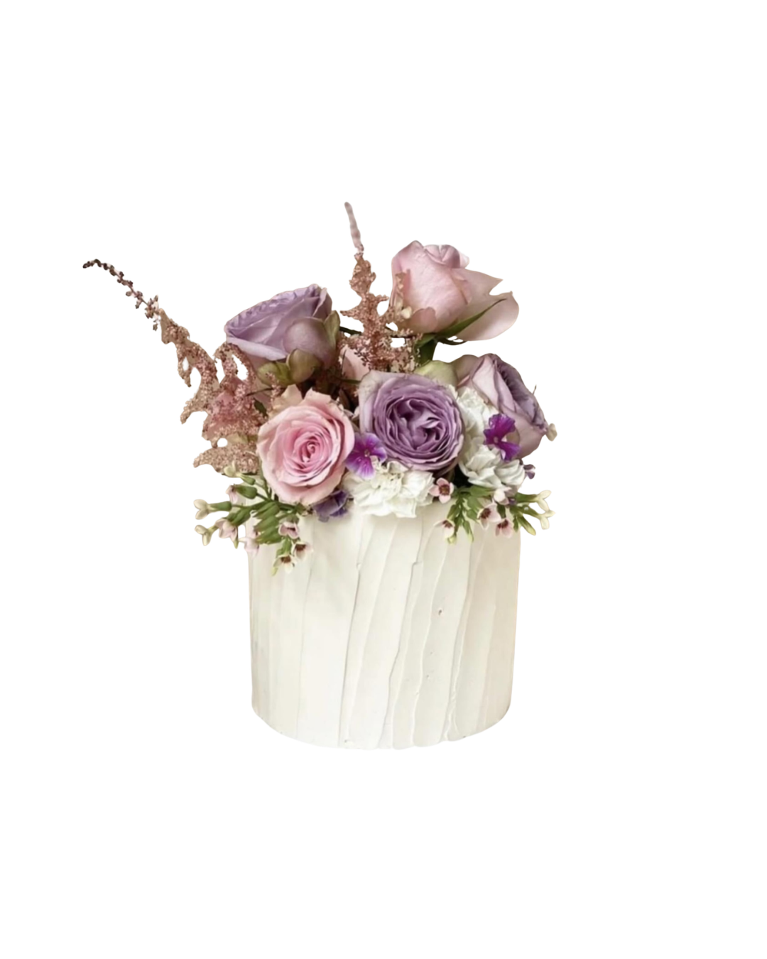 White textured cake with lavender and pink roses
