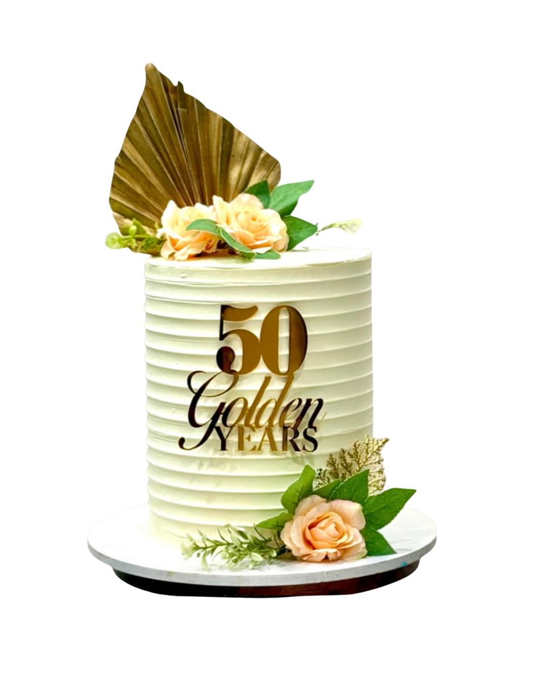 50 Golden Years anniversary cake with gold palm and peach roses