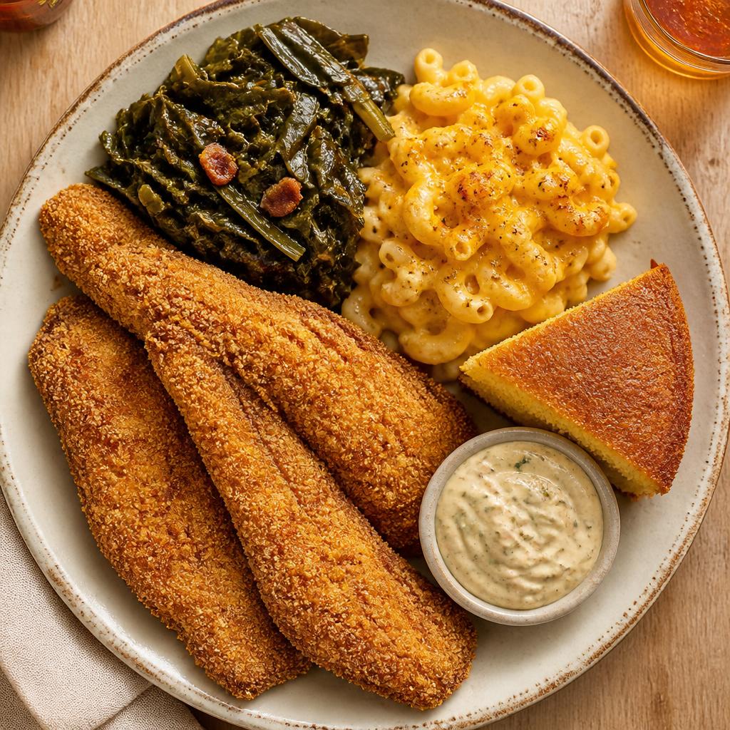 Cornmeal fried catfish dinner with greens and cornbread